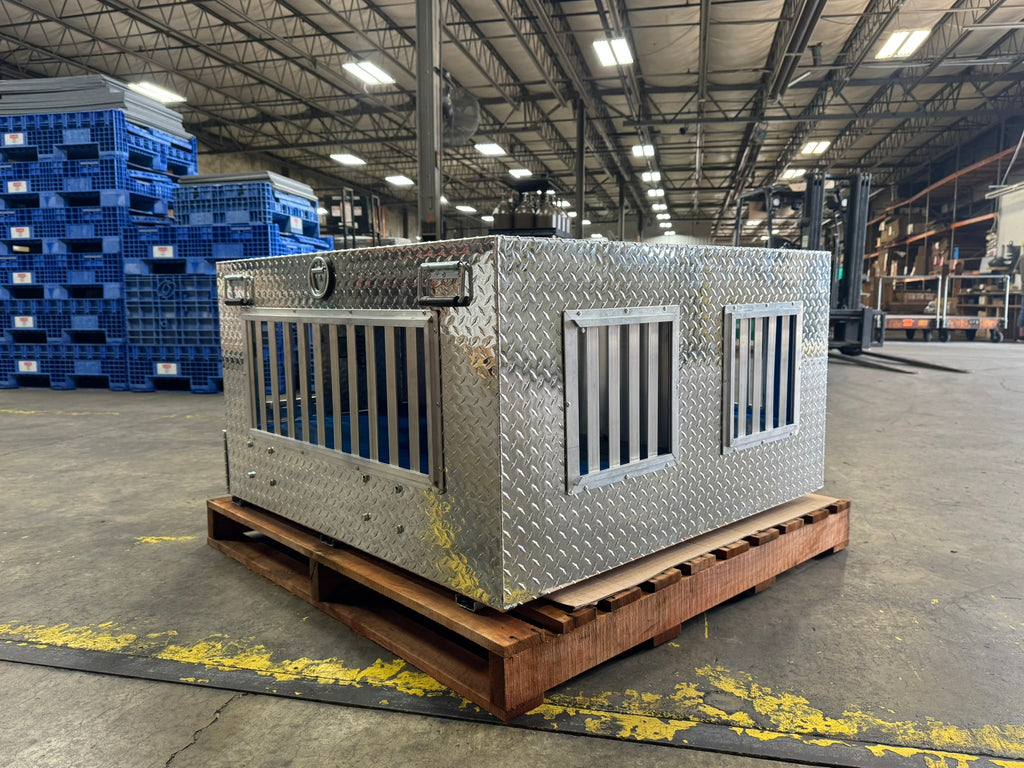 Dog Box 55022W Pro Hunter Series Double Compartment with Bottom Drawer / 46 W x 45 D x 26 H / All Seasons Vents / Diamond Tread Aluminum / Owens Products