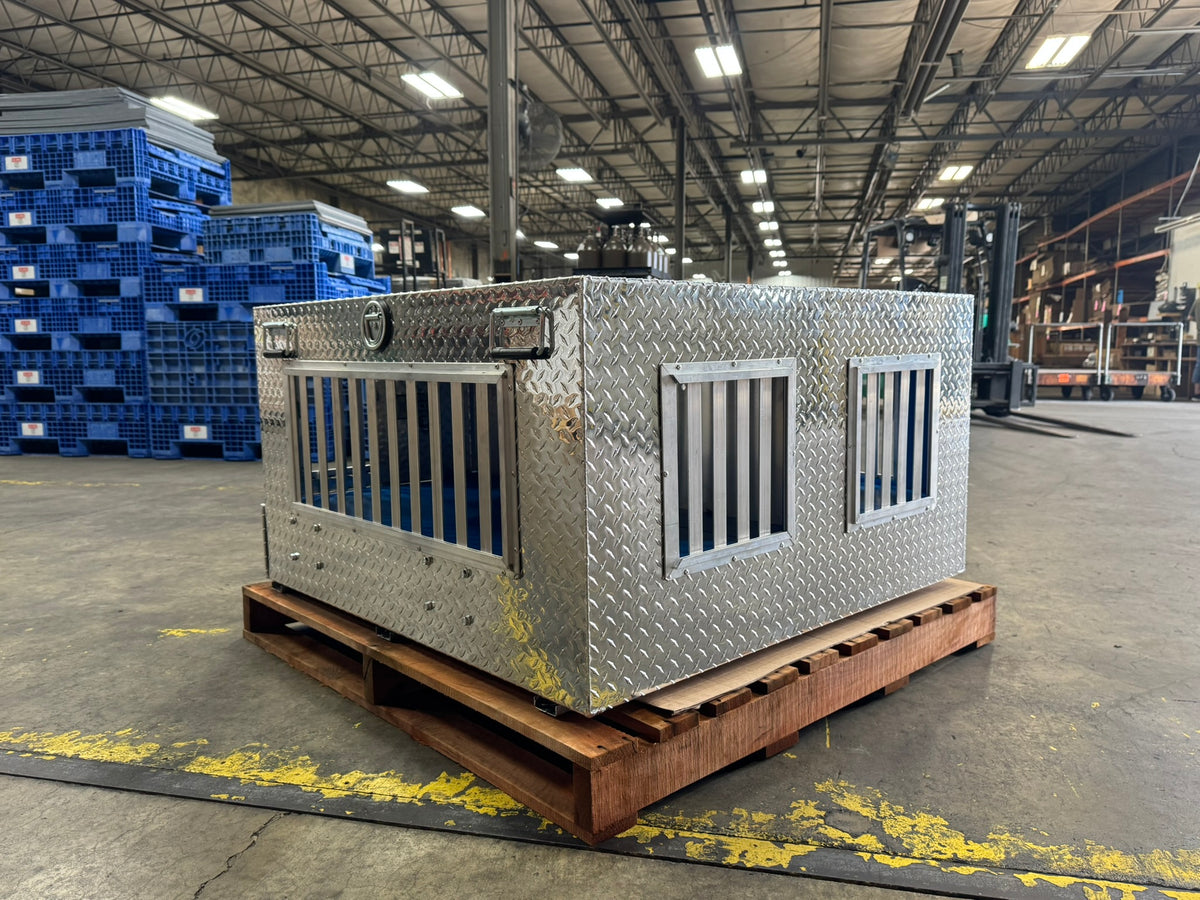 Dog Box 55022W Pro Hunter Series Double Compartment with Bottom Drawer / 46 W x 45 D x 26 H / All Seasons Vents / Diamond Tread Aluminum / Owens Products