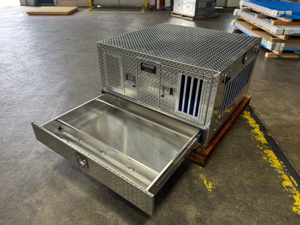 Dog Box 55022W Pro Hunter Series Double Compartment with Bottom Drawer / 46 W x 45 D x 26 H / All Seasons Vents / Diamond Tread Aluminum / Owens Products
