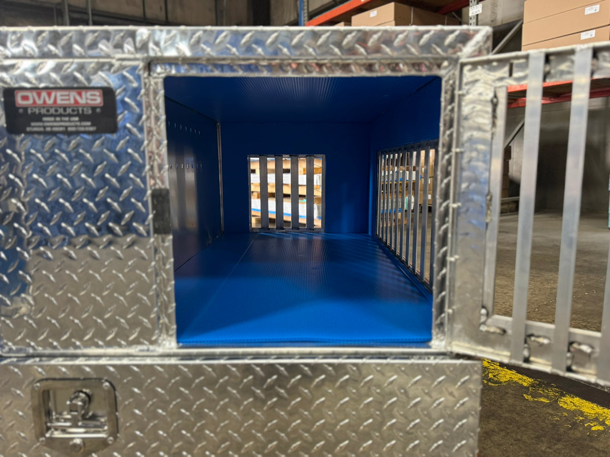 Dog Box 55022W Pro Hunter Series Double Compartment with Bottom Drawer / 46 W x 45 D x 26 H / All Seasons Vents / Diamond Tread Aluminum / Owens Products