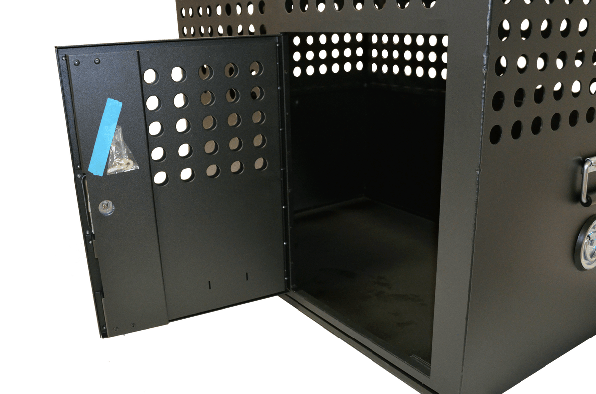 Dog Crate 55324 Professional K9 Series XL Tactical Single Compartment / Side Door / 40 W x 26 D x 30 H / Holes for Ventilation / Black / Mill Finish Aluminum / Owens Products - K9 Dog Boxes