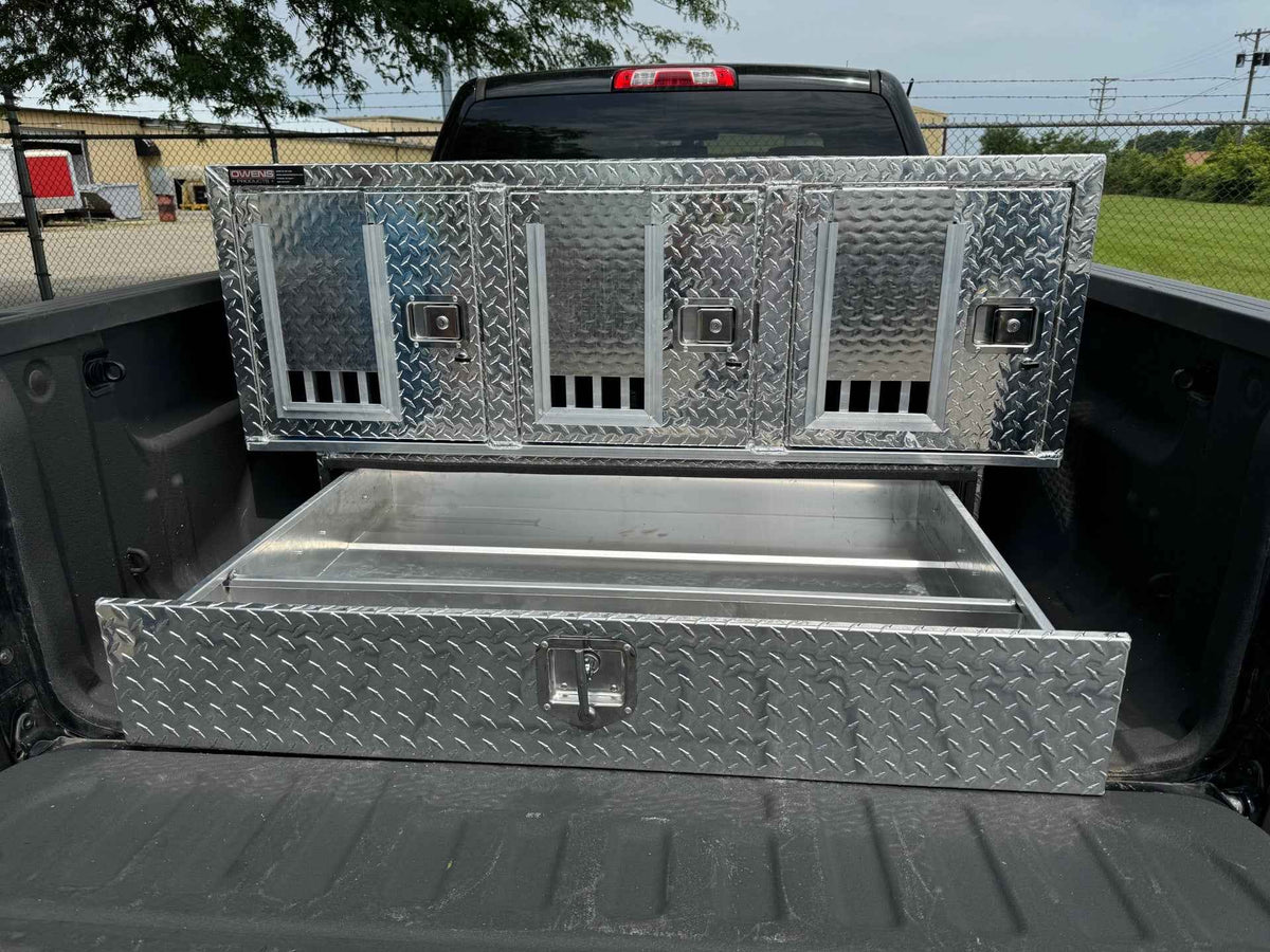 Dog Box 55111 Triple Compartment Bottom Storage Dog Box / 58 W X 40 D X 29 H / Diamond Tread Aluminum / Owens Products