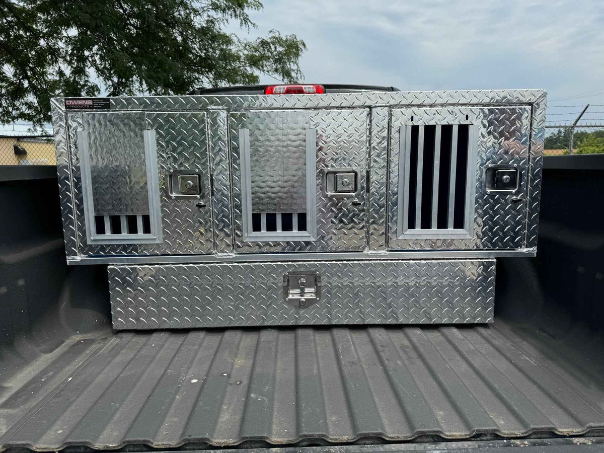 Dog Box 55111 Triple Compartment Bottom Storage Dog Box / 58 W X 40 D X 29 H / Diamond Tread Aluminum / Owens Products